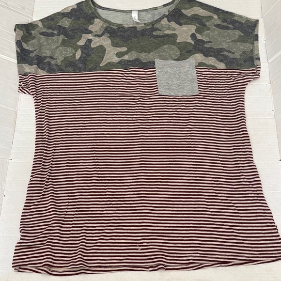 Honeyme Tops - Honeyme Camouflage and Striped Short Sleeve Top